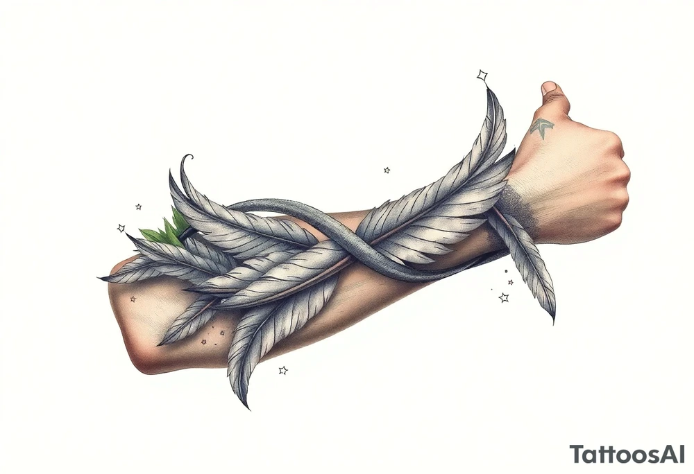 infinity symbol woven with floating feathers and stardust tattoo idea
