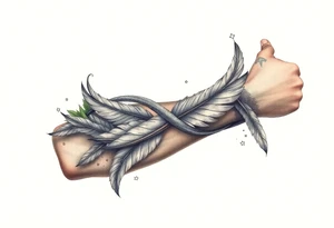 infinity symbol woven with floating feathers and stardust tattoo idea