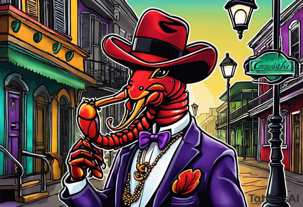 an anthropomorphism crawfish standing by a lamp post in the French Quarter playing a saxophone while wearing a Fedora and Mardi Gras beads around his  neck tattoo idea