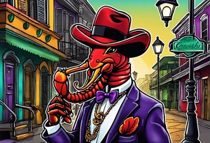 an anthropomorphism crawfish standing by a lamp post in the French Quarter playing a saxophone while wearing a Fedora and Mardi Gras beads around his  neck tattoo idea