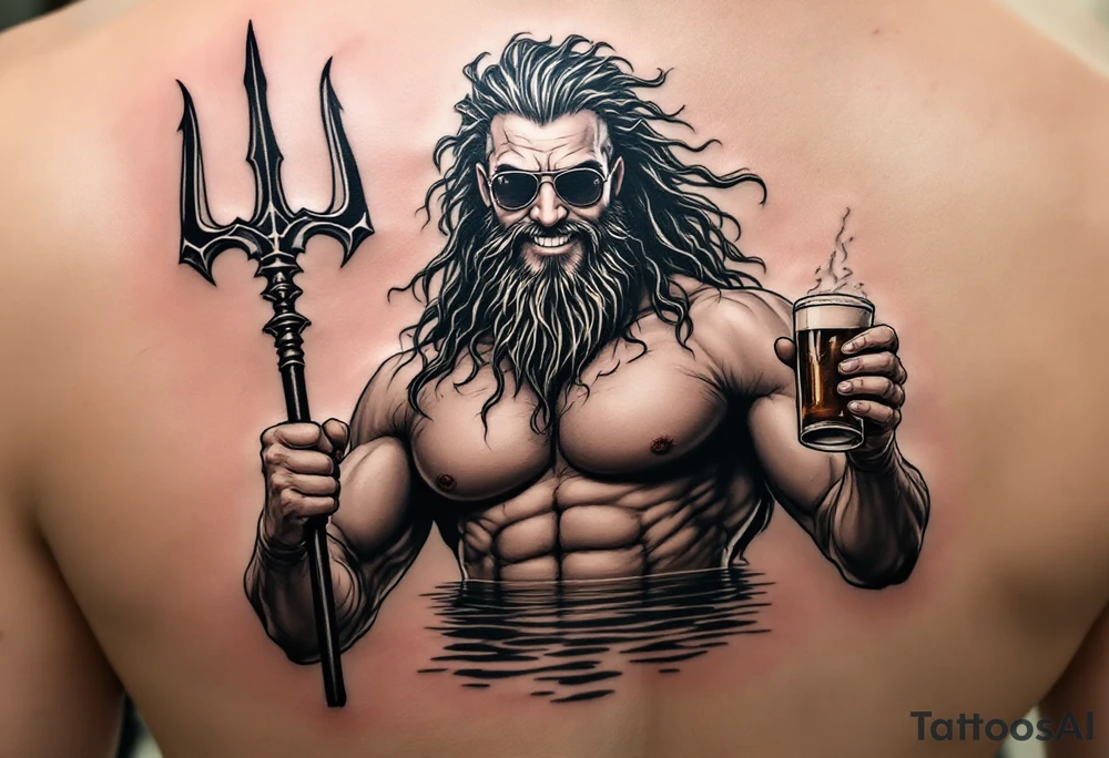 smiling, fit poseidon, with a trident, in calm water, holding a beer, with sunglasses tattoo idea