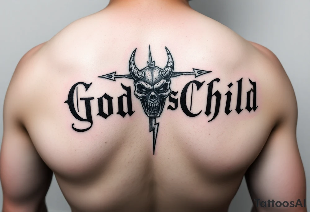 “God’s Child” going down forearm. With lighting bolt shaders in the background. With demon mask hanging off the “l” in “Child”. With lightning bolt going through the demon mask hanging off. tattoo idea