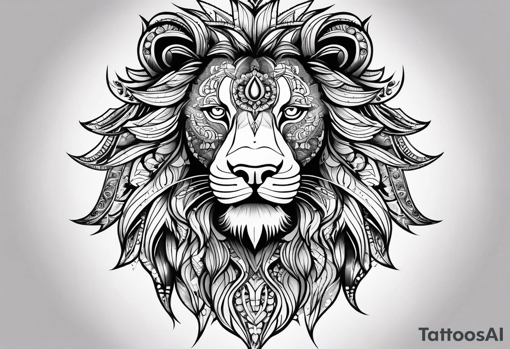 Half lion face half ornate mandala tattoo idea