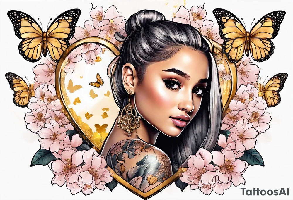 Ariana Grande surrounded in a golden aura with white butterflies and cherry blossoms holding a key that unlocks a heart tattoo idea