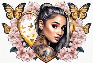 Ariana Grande surrounded in a golden aura with white butterflies and cherry blossoms holding a key that unlocks a heart tattoo idea