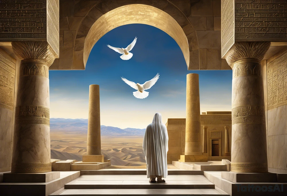A surreal and dramatic scene featuring two figures: Cyrus the Great and Jesus Christ, standing side by side. The tomb of Cyrus the Great is in the background, partially visible, symbolizing history and legacy. A white dove is flying gracefully above or near them, symbolizing peace. The image is integrated seamlessly to create a powerful and unified visual representation. The composition should evoke a sense of reverence, unity, and tranquility. tattoo idea