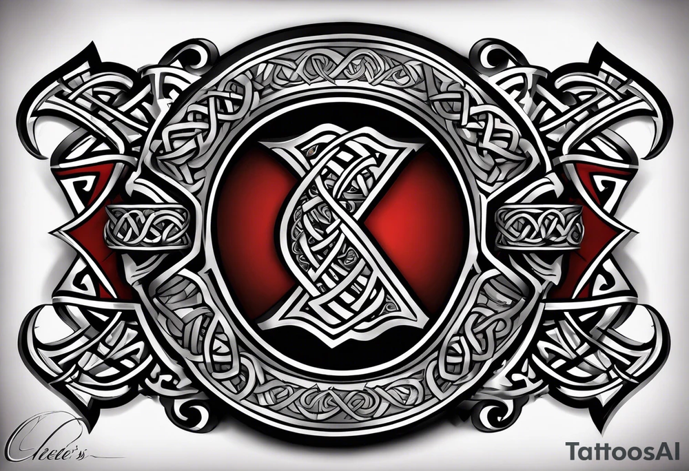 "Cheers Mate" text black and grey ink armband +Celtic +grey Cancer Ribbon +tribal +artistic tattoo idea