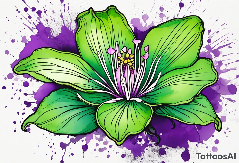 An outline of a green rio dipladenia flower and a green and purple watercolor splash in the background tattoo idea