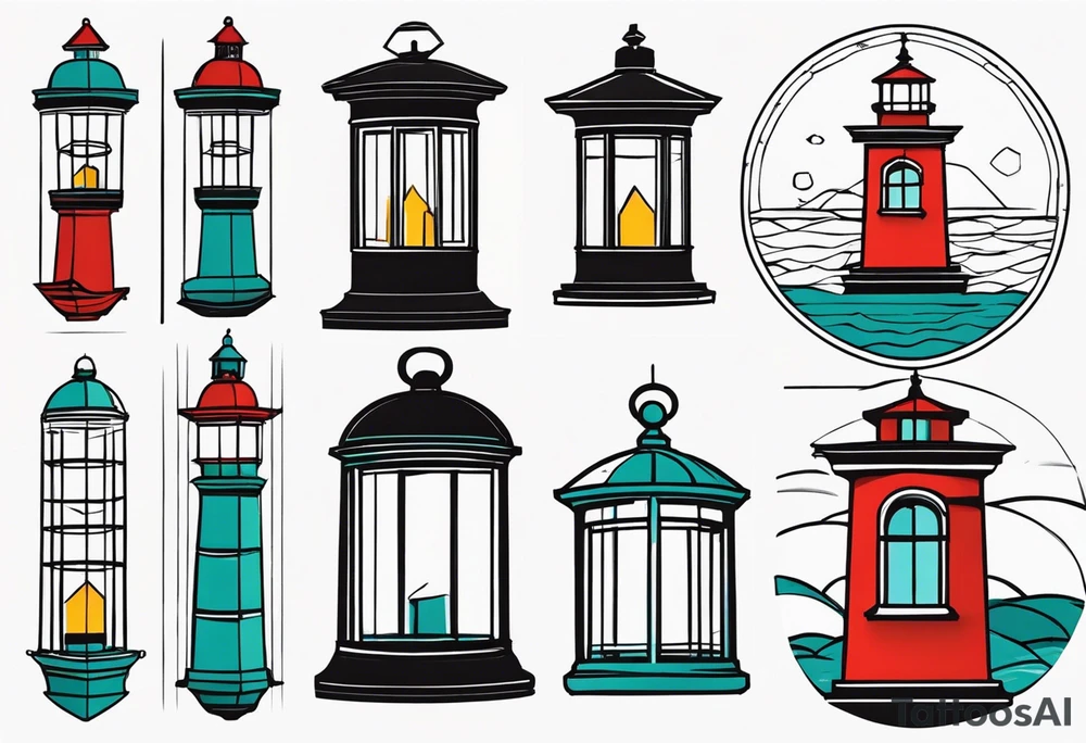 farol marítimo desenhado com linhas bem finas e geométricas e desenho com moldura redonda. bem minimalista tattoo idea