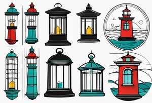 farol marítimo desenhado com linhas bem finas e geométricas e desenho com moldura redonda. bem minimalista tattoo idea