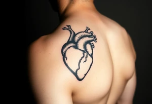woodcut realistic heart tattoo on back of tricep tattoo idea