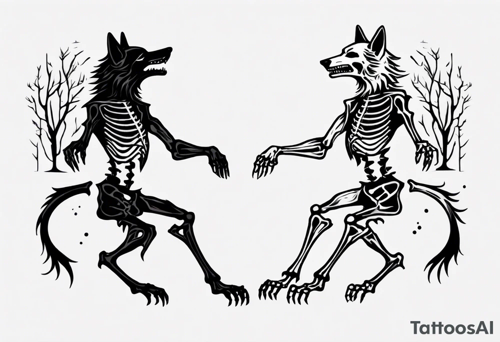 two wolf skeletons dancing tattoo idea