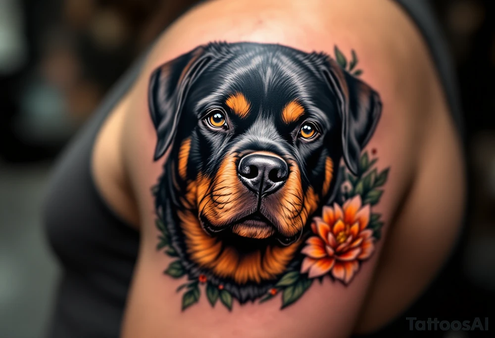 Neo-Traditional Rottweiler – A bold, detailed Rottweiler design with clean lines, saturated black and orange-brown fur, and bright traditional-style flowers around it. tattoo idea