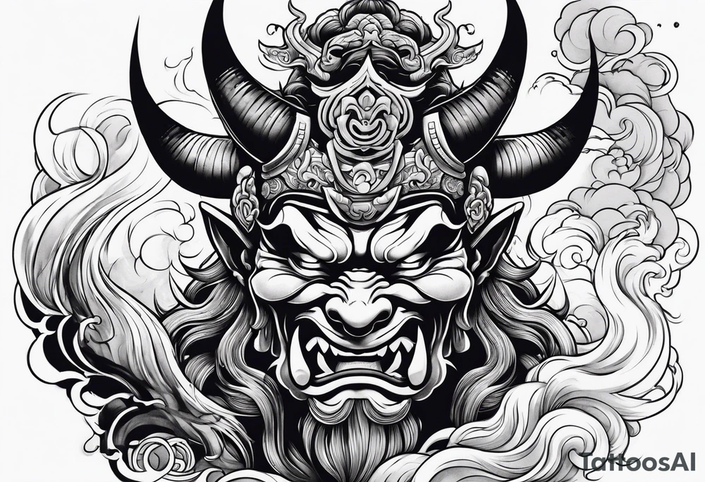 oni japanese devil with smoke around and japanese houses tattoo idea