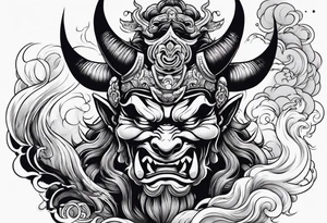 oni japanese devil with smoke around and japanese houses tattoo idea