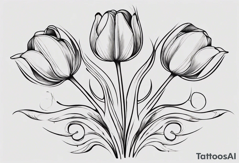Generate a compelling tattoo design featuring three tulips with intertwining stems. Emphasize the graceful entwining of the stems, creating a harmonious and visually captivating composition. Each tulip should showcase distinct characteristics, from the delicate curves of the petals to the intricate details of the stamen. Consider incorporating elements that symbolize unity, growth, and interconnectedness. Capture the essence of nature's beauty while ensuring the overall design is balanced and aesthetically pleasing. tattoo idea
