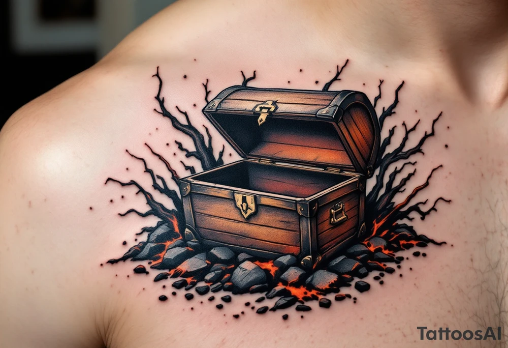 "Kde nic neni, ani cert nebere." — An empty treasure chest surrounded by scorched earth in black and rust tones, the quote carved into its lid. tattoo idea