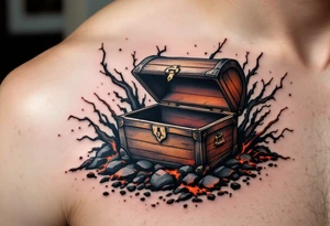 "Kde nic neni, ani cert nebere." — An empty treasure chest surrounded by scorched earth in black and rust tones, the quote carved into its lid. tattoo idea