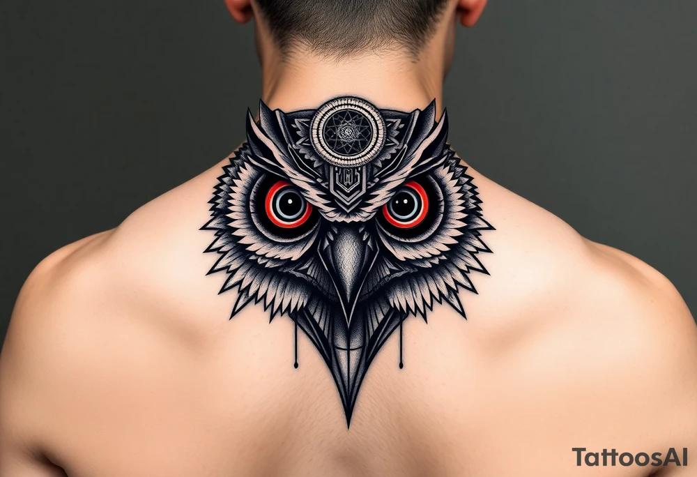 Owl head with large intense tripping on acid colored eyes with cyberpunk style  and geometry and glowing circle on the forhead tattoo idea