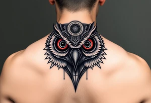 Owl head with large intense tripping on acid colored eyes with cyberpunk style  and geometry and glowing circle on the forhead tattoo idea