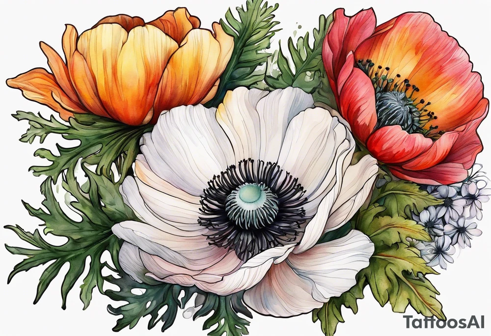 a white anemone with black center with thistles, ferns, ranuculus, sun flowers, red flowers, pink flowers, orange flowers, yellow flowers in watercolor tattoo idea