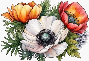 a white anemone with black center with thistles, ferns, ranuculus, sun flowers, red flowers, pink flowers, orange flowers, yellow flowers in watercolor tattoo idea