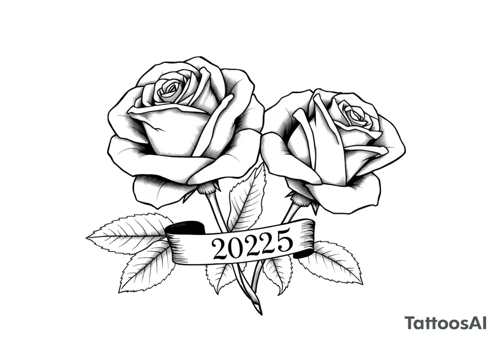 two beautiful large rose buds, one larger than the other, with lots and lots of leaves next to the rose buds, with one sitting slightly higher than the other, side-by-side.  Include a banner connecting the two roses with the year 2025 on it.   Use dark outlines with little shading. No stems tattoo idea