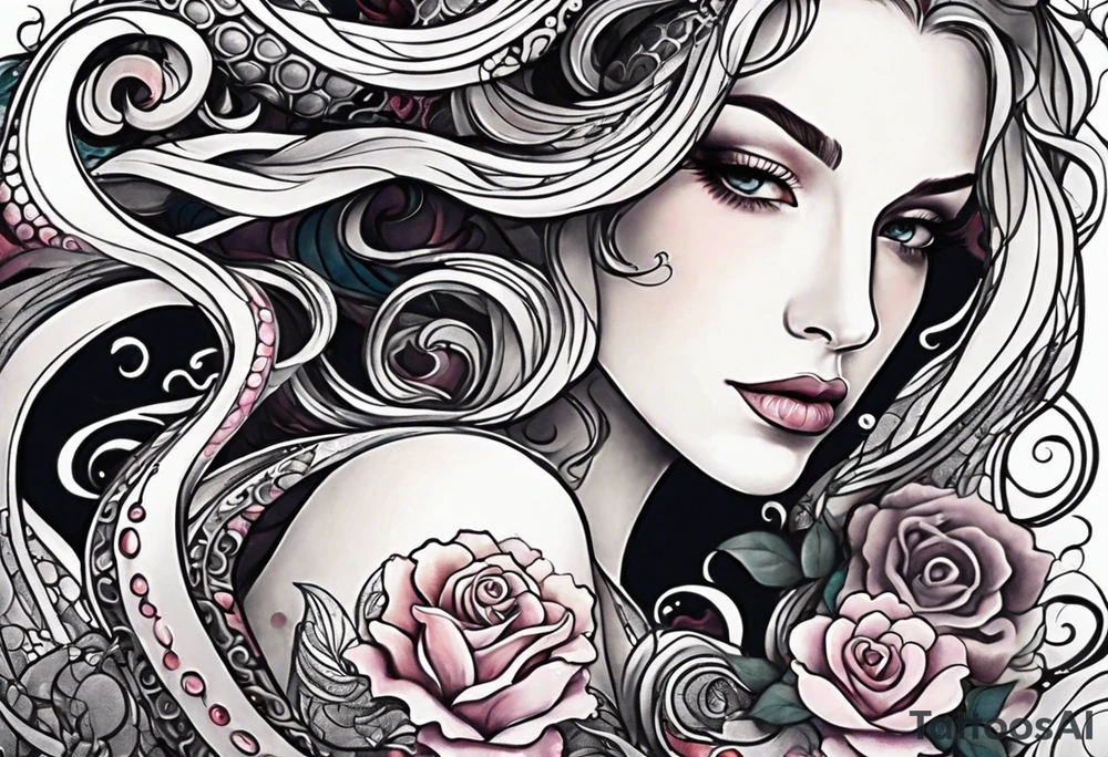 abstract gender-neutral Octopus Arm Sleeve tattoo with subtle facial features, a small rose, water swirls tattoo idea