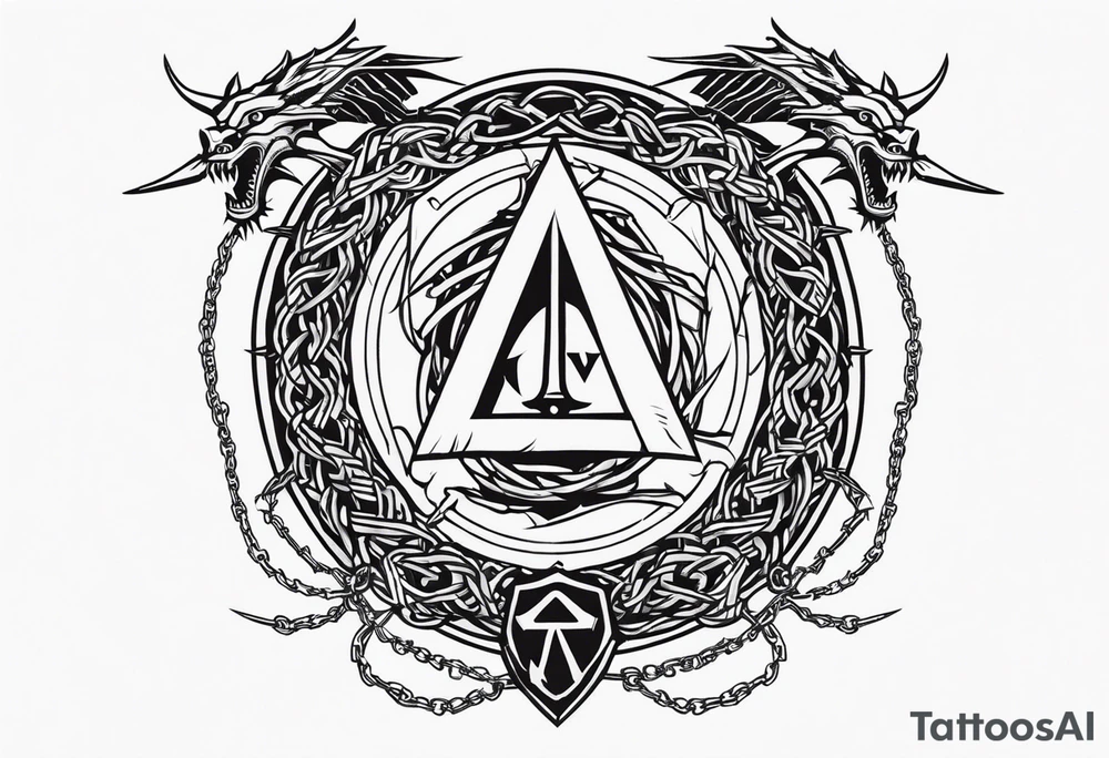 Valhalla sword shield dragon axe Valknut barbed wire chains tattoo idea Valhalla sword shield dragon axe Valknut barbed wire chains tattoo idea