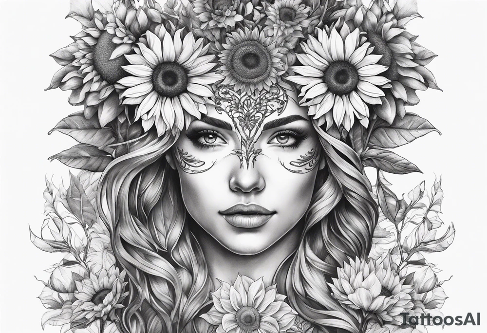 Feminine Yggdrasil tree with two sunflowers tattoo idea
