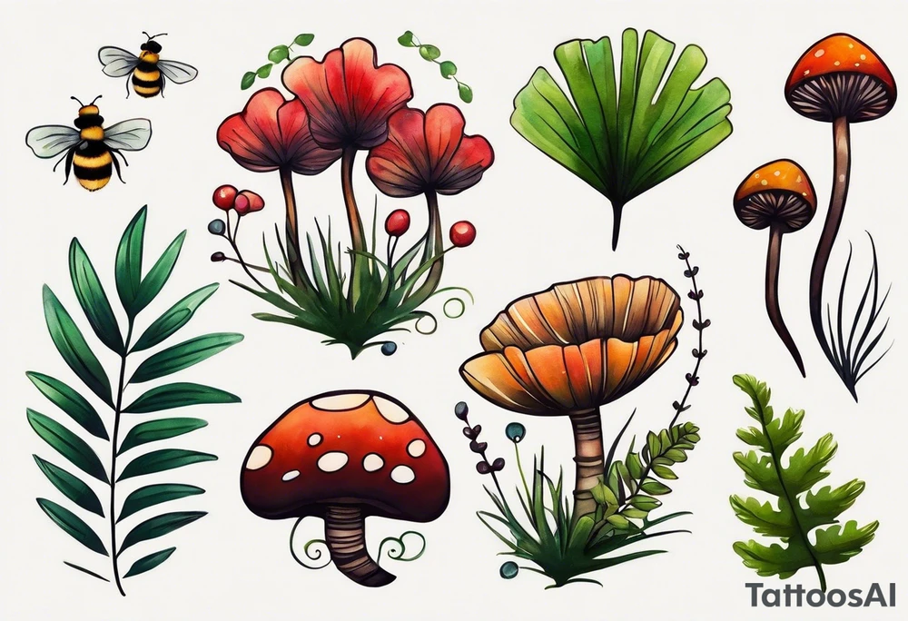 forest floor inspired minimalist tattoo, which includes grass, curly ferns, moss and dead leaves as the bulk of the tattoo. details to include: forest berries, a tiny bumblebee flying nearby, three small brown mushrooms
Generate a vertically long one tattoo idea