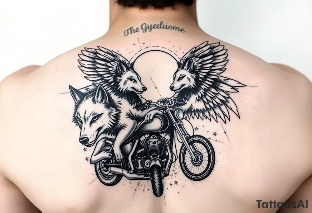 guardian angel wolves on a motorcycle tattoo idea