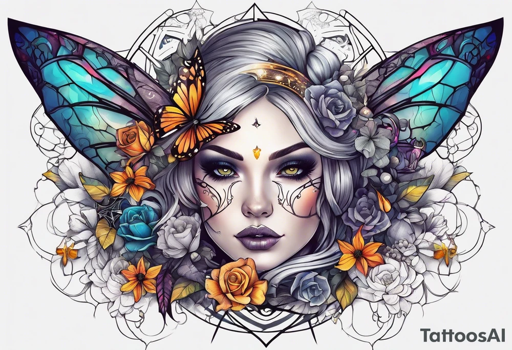 Full sleeve with fairy’s and skulls and spiderwebs tattoo idea