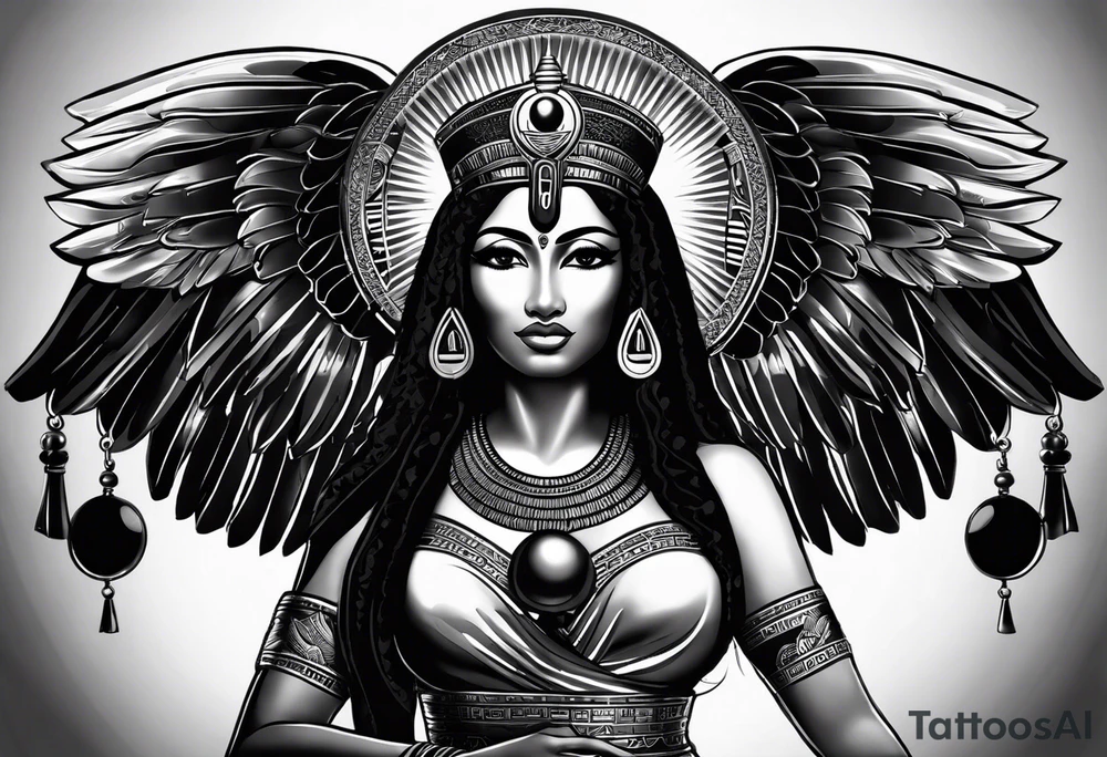 black and white Egyptian goddess Isis, who is often depicted as a woman with outstretched wings, holding an ankh (a symbol of life) in one hand and a lotus flower in the other. Her headdress often includes a throne or a solar disk. The tattoo design can vary in style and size, but it typically aims to capture the essence of this revered Egyptian deity, emphasizing her beauty, power, and maternal qualities. The choice of colors and additional elements can also be customized to create a unique and visually striking representation of the goddess Isis tattoo idea