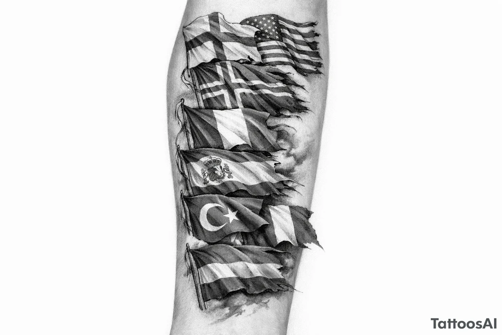 England USA Iceland Italy Spain Turkey France Hungary flags inside forearm tattoo idea