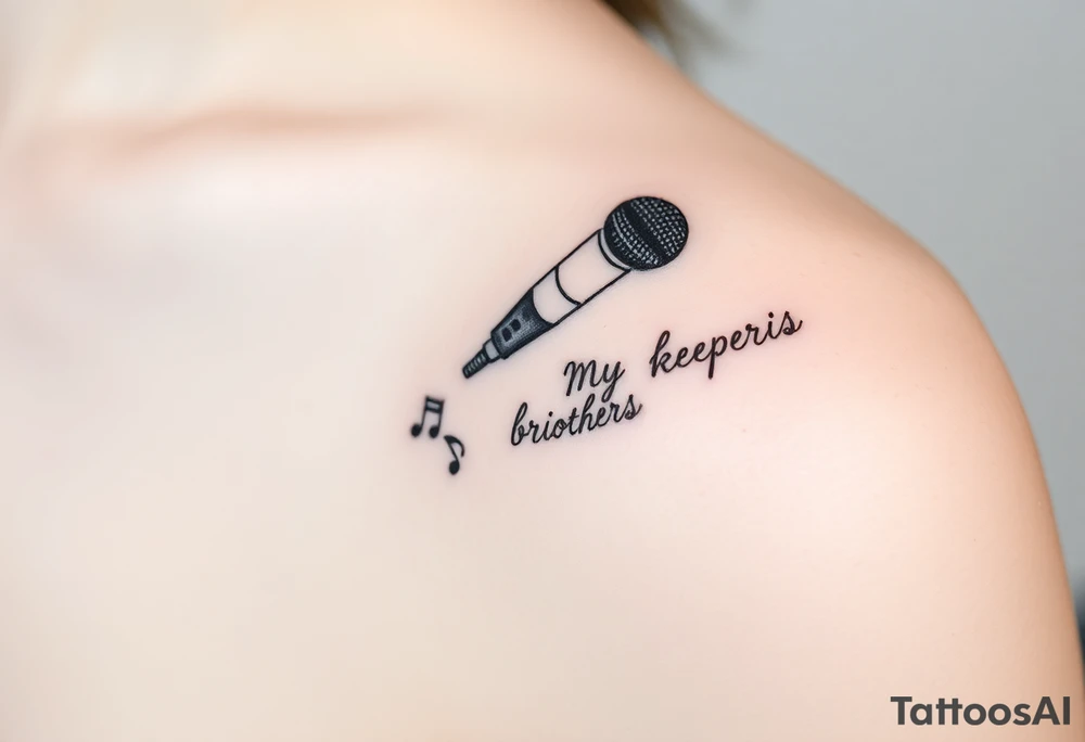 A microphone end of cord drawing the words “My brothers keeper” and music notes tattoo idea