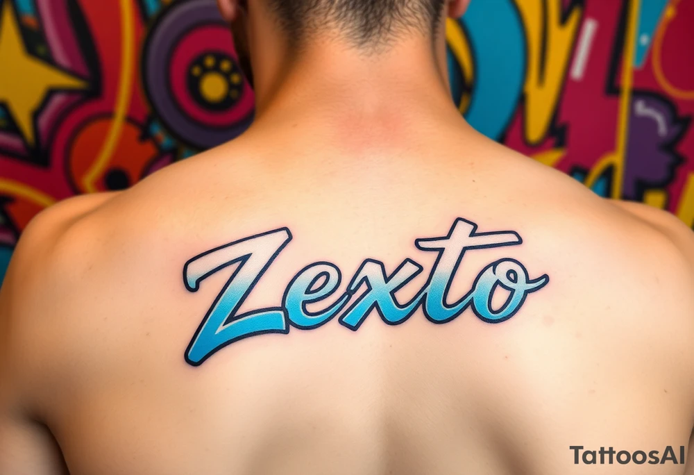 A bright colored graffiti style background with the name Zexto in script tattoo idea