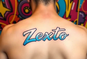 A bright colored graffiti style background with the name Zexto in script tattoo idea