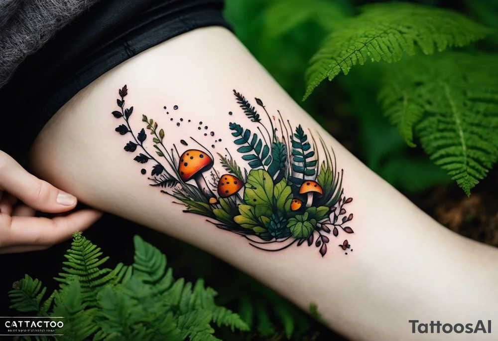 minimalistic forest floor inspired tattoo, which includes grass, moss, curly ferns and dead leaves as the bulk of the tattoo. details to include: forest berries, couple of very small brown mushrooms, a tiny bumblebee flying nearby tattoo idea