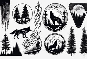 thunderstorm over a forest and a wolf howling tattoo idea