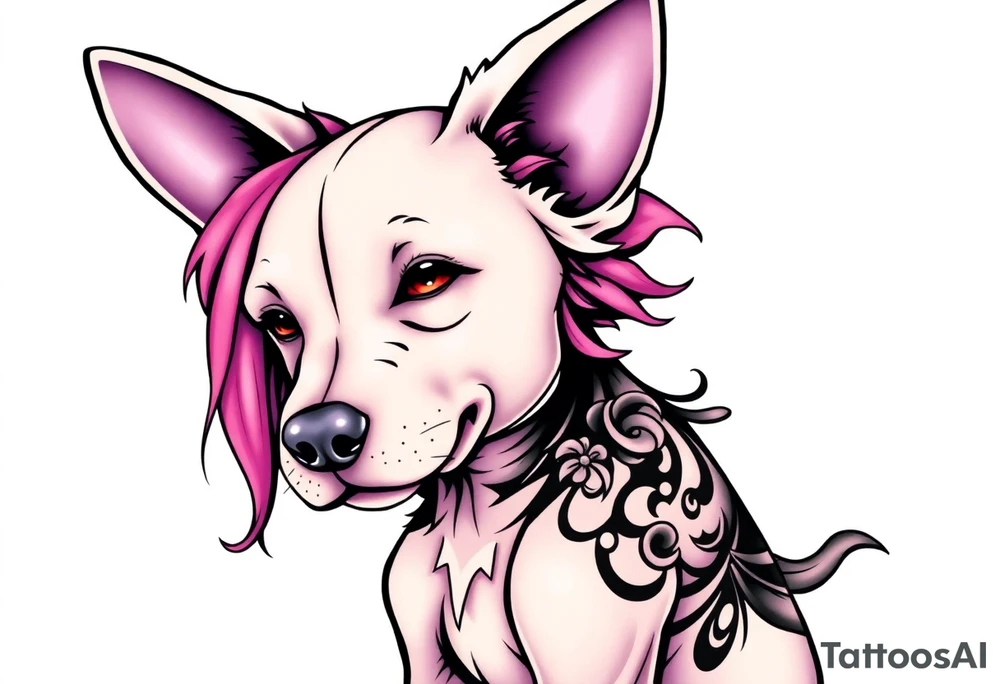 goth hot puppy girl with big boobs and pink hair full body half human half dog tattoo idea