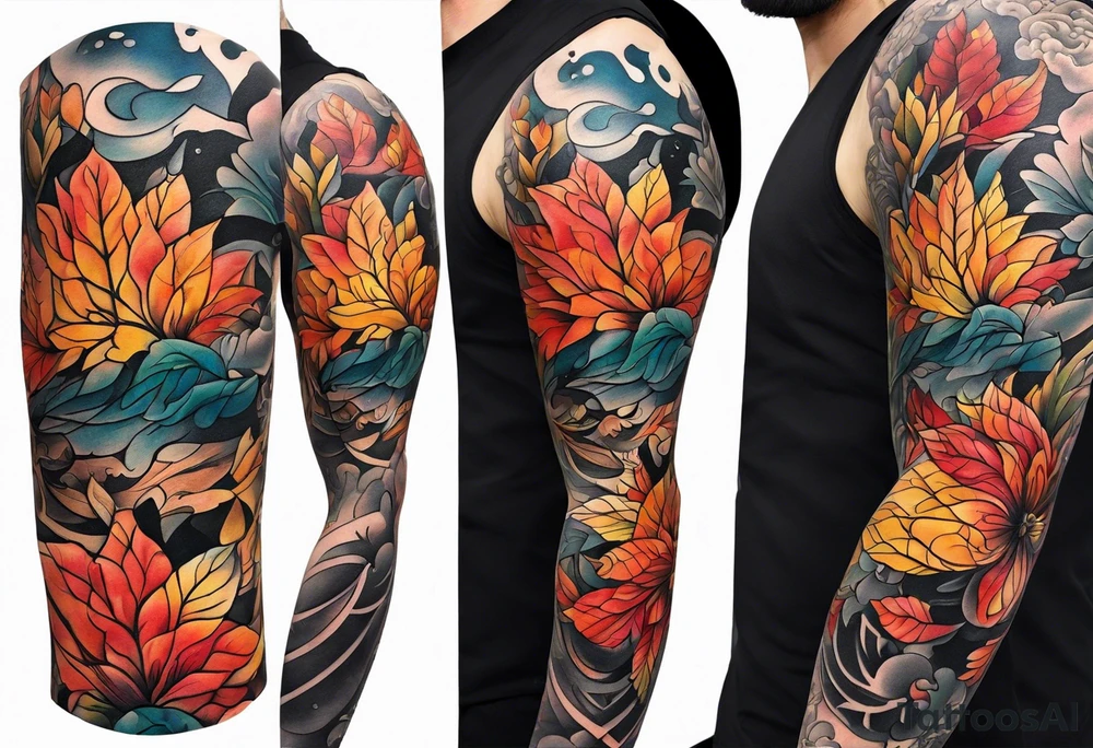 Arm Sleeve Tattoo with fall colors flat tattoo idea