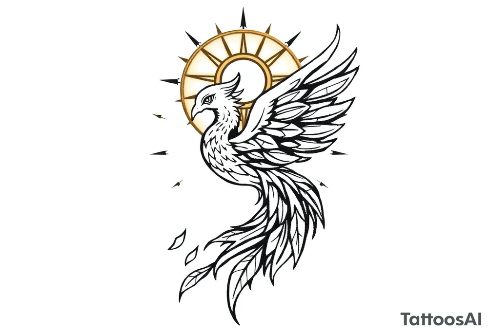 magical phoenix rising from golden flames with trailing embers surrounded by geometric sun and moon tattoo idea