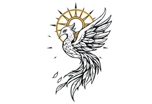 magical phoenix rising from golden flames with trailing embers surrounded by geometric sun and moon tattoo idea