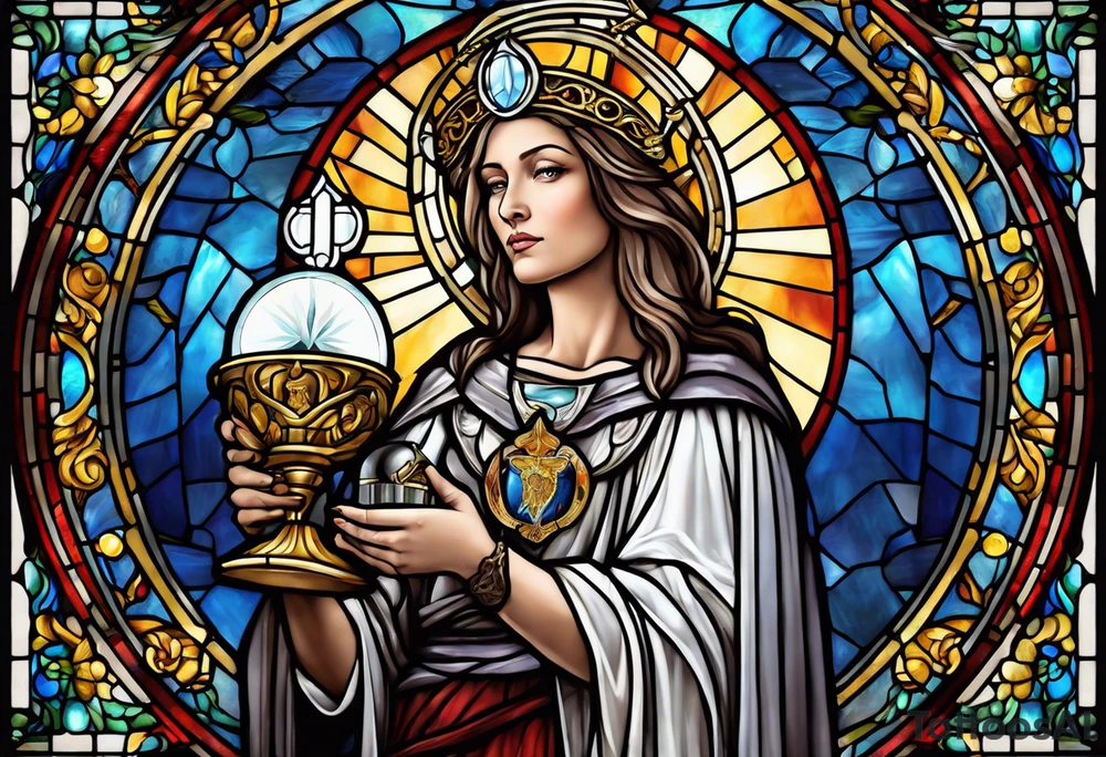holy saint woman with halo stained glass holding a chalice with artillery tattoo idea