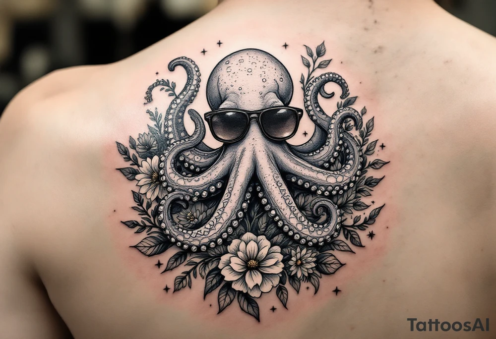 cute octopus, wearing sunglasses, friendly , surrounded by floral ornaments and oceanic items tattoo idea