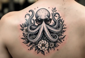 cute octopus, wearing sunglasses, friendly , surrounded by floral ornaments and oceanic items tattoo idea