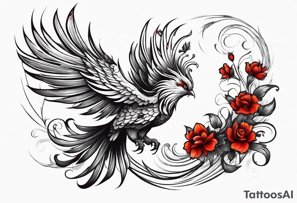elongated phoenix in flight 
in profile long tail with claws holding red flowers falling tattoo idea