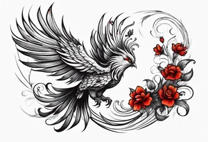 elongated phoenix in flight 
in profile long tail with claws holding red flowers falling tattoo idea