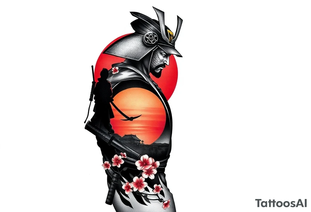noble samurai warrior silhouette at sunset with cherry blossoms tattoo idea